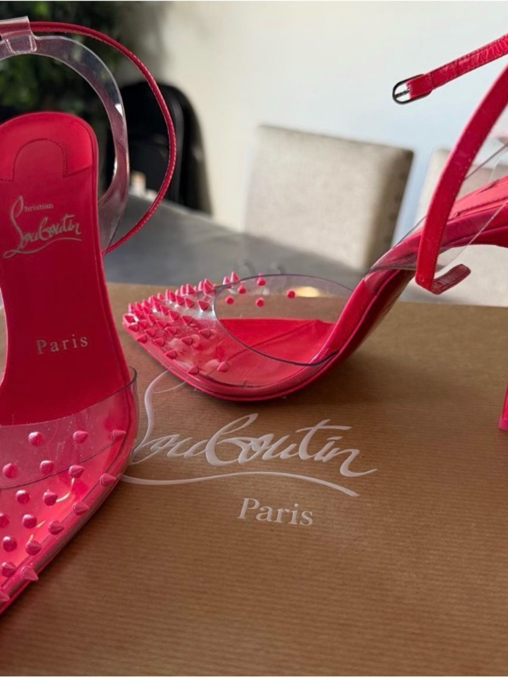 Christian Louboutin Hot Pink PVC Spike Ankle-Strap Heels - Picture 1 of 1